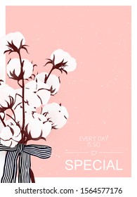 Every Day is so Special poster concept in vintage style. Love word and realistic cotton branch. Vector Illustration