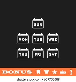 Every Day Week Calendar icon flat. White pictogram on black background. Vector illustration symbol and bonus button tooth, vase, star, mirror, bottle