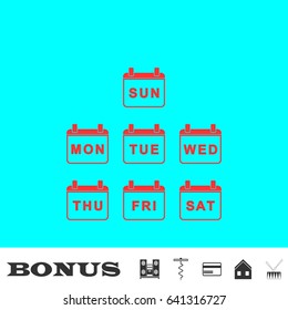 Every Day Week Calendar icon flat. Red pictogram on blue background. Vector illustration symbol and bonus buttons Music center, corkscrew, credit card, house, drum