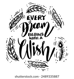 Every dream begins with a wish. Inspirational quote. Hand drawn lettering. 