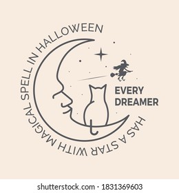 Every Dreamer has a star with magical spell in Halloween. Creative Halloween Badge.