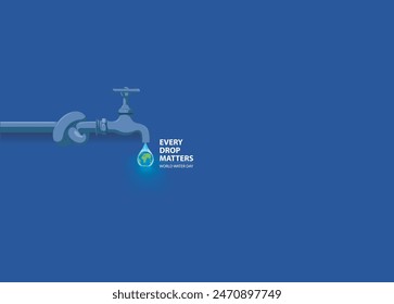 Cada gota importa. Sistema de la lengüeta del agua del cierre. Concepto del Día Mundial del Agua. Día del medio ambiente. Ilustraciones vectoriales.