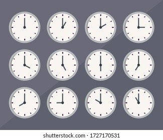 Every hour of the clock. Set ok clocks. Vector illustration.
