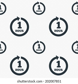 Every hour sign icon. Full rotation arrow symbol. Seamless grid lines texture. Cells repeating pattern. White texture background. Vector