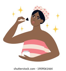 Cada rutina de maquillaje. Bonita chica con polvo, cepillo y gorra de ducha en la cabeza. Cuidado de la piel y maquillaje. Ilustración vectorial dibujada a mano. Estilo de caricatura. Diseño plano