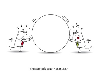 Every man for himself. Two businessmen are pushing a stone, 
each their beside. This is the metaphor of the opposition, the competition or the individuality of businessmen.