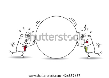 Every man for himself. Two businessmen are pushing a stone, 
each their beside. This is the metaphor of the opposition, the competition or the individuality of businessmen.