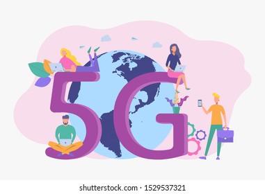 Every mobile device uses 5g technology. Modern 5g mobile communication concept. Colorful vector illustration