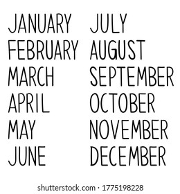 every month hand written on white background. Hand drawn lettering. Vector design.
