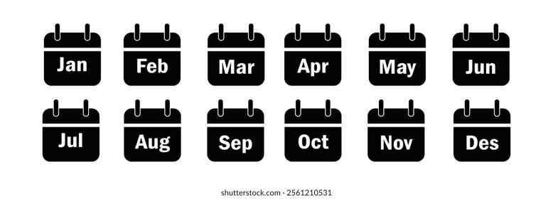 every month of a year calendar icons. calendar 12 months vector icon set, month name in calendar, calendar icon, vector .