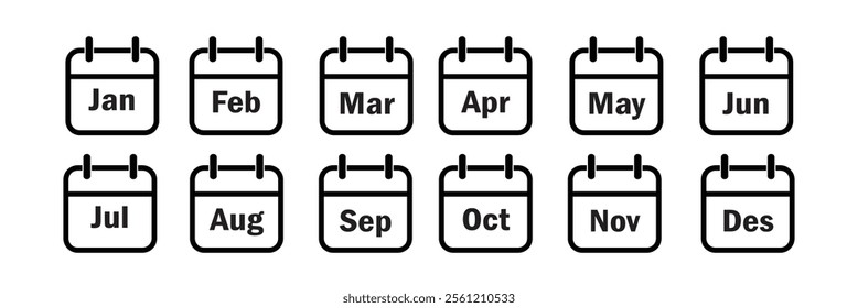 every month of a year calendar icons. calendar 12 months vector icon set, month name in calendar, calendar icon, vector .