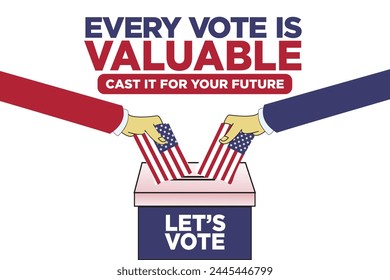 Diseño de Ilustración vectorial "Cada voto es valioso, arrójalo para tu futuro" con urna y dos manos con bandera estadounidense. Concepto de campaña electoral estadounidense. Afiche de la campaña electoral y diseño del Anuncio.  