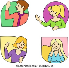 In every window frame, young people are talking. flat design style minimal vector illustration