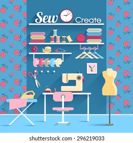 Every woman dream sewing room for self made wardrobe with sewing machine and mannequin abstract vector illustration
