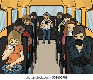 everybody in the bus looking down at smartphone