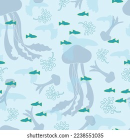 Everybody Is Floating, a vector ice blue seamless pattern. Tiny turquoise fish are swimming in front of pale jellyfish, transparent fish and small outlined algae. Part of Living Under Water collection