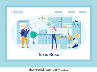 Everybody Hiding In Office To Avoid Yelling For No Reason Boss. Toxic Chief Making Company Atmosphere Poisonous. Subordinates Caught Off Guard In Cafeteria By Shouting Manager. Landing Page Template.