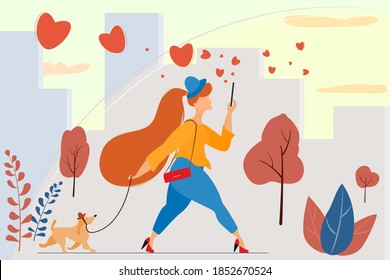 Everybody likes a beautiful woman with a new hairstyle. Walking with a dog, a pet. The concept of body positive, active lifestyle. Full girl with a smartphone in his hand on the background of the city