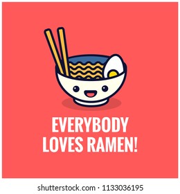 Everybody Loves Ramen Pun Poster Vector Illustration in Flat Style Line Art