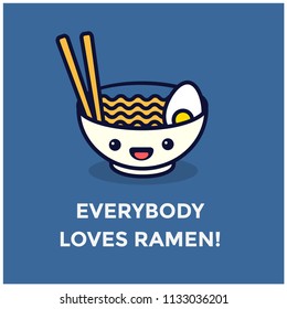 Everybody Loves Ramen Pun Poster Vector Illustration in Flat Style Line Art