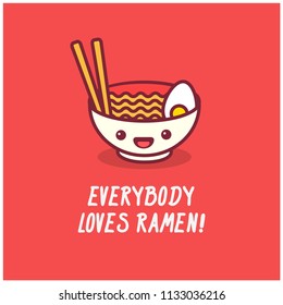 Everybody Loves Ramen Pun Poster Vector Illustration in Flat Style Line Art