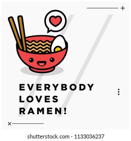 Everybody Loves Ramen Pun Poster Vector Illustration in Flat Style Line Art