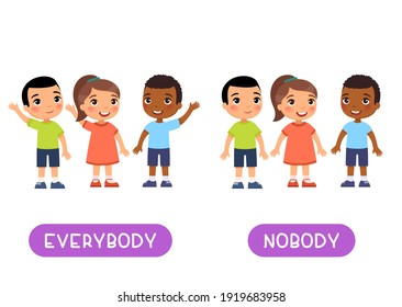 Everybody and nobody antonyms word card, Opposites concept. Flashcard for English language learning. International children hold their hands up in agreement, no one raised their hand.