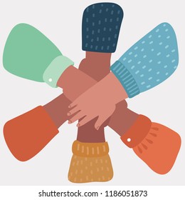 Everybody put his hand on the other hand. People promise each other. Famous gesture: one for all and all for one. Vector cartoon illustration in modern concept