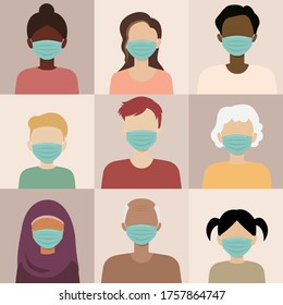 Everybody wear mask. Collection of profile portraits cartoon characters. 
