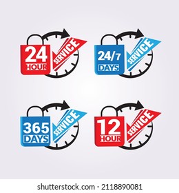 Everyday 24-hour service vector icon for your business store. 24hr 7 days service concept. 365 days store service Logo element illustration, emblem, label, badge, sticker.