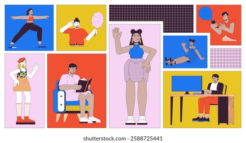 Everyday activities bento grid illustration set. Work and leisure routine lifestyle 2D vector image collage design graphics collection. Happy multicultural people flat characters moodboard layout