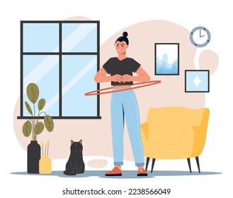 Everyday activities concept. Young girl with red hoop in apartment. Active lifestyle and sports, fitness and health care. Owner with cat training at home, indoor. Cartoon flat vector illustration