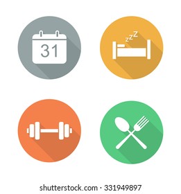 Everyday Activities Flat Design Icon Set. Day Planning Long Shadow Symbols. Organizer Calendar And Workout White Silhouette Illustrations. Eat And Sleep Circle Icons. Vector Infographics Elements