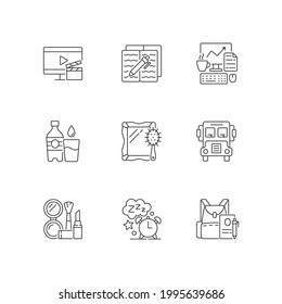 Actividades cotidianas se establecen iconos lineales. Ver televisión para entretenimiento en casa. Hogar para la escuela. Símbolos de contorno de línea delgada personalizables. Ilustraciones aisladas del contorno vectorial. Trazo editable