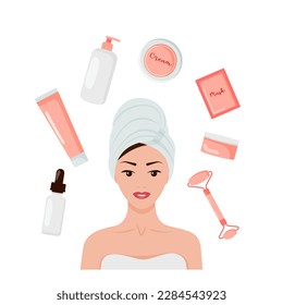 Everyday beauty routine, self love and self care concept. Cosmetic products and tools for face and body skin care. 