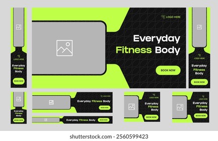 Everyday body fitness web bundle banner design for social media post, daily workout and exercise web set banner design, customizable vector eps 10 file format