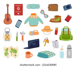 Everyday carry stuff for travel. Essential items for tourism. Backpack with equipment and accessory as guitar, map, flashlight, clothes and boots. Passport and laptop for exploration vector set