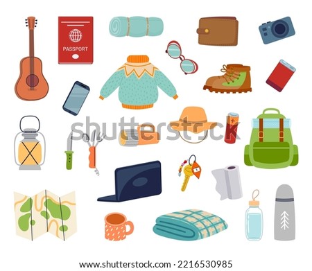 Everyday carry stuff for travel. Essential items for tourism. Backpack with equipment and accessory as guitar, map, flashlight, clothes and boots. Passport and laptop for exploration vector set