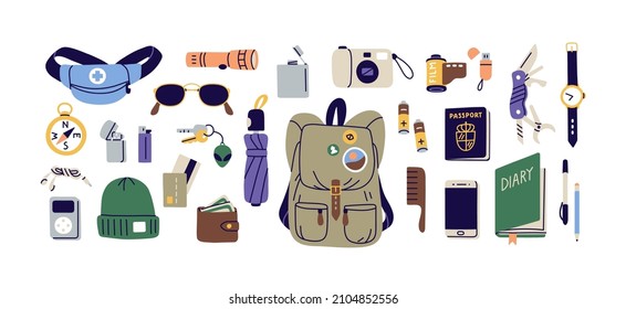Everyday carry stuff for travel. Tourist bag and accessories set. Backpack content, essentials, things, supplies and equipment. Flat graphic vector illustration of EDC isolated on white background - Shutterstock ID 2104852556