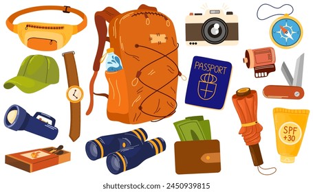 Everyday carry stuff for travel. Tourist bag and accessories set. Backpack content, essentials, things, supplies and equipment. Flat graphic vector illustration isolated on white background