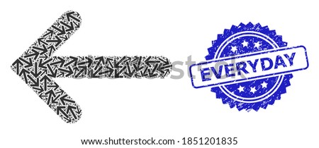 Everyday corroded stamp and vector fractal mosaic left arrow. Blue stamp seal has Everyday text inside rosette. Vector mosaic is formed from randomized rotated left arrow items.