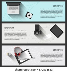 Everyday electronics objects. Popular things used people in work isolated on stylish background for design card, poster, banner, t-shirt, invitation, brochures, instruction,  scrapbook, album etc. 