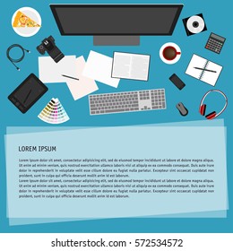 Everyday electronics objects. Popular things used people in work isolated on stylish background for design card, poster, banner, t-shirt, invitation, brochures, instruction,  scrapbook, album etc. 