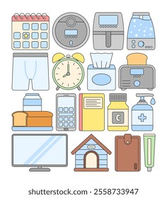 Everyday essentials icon set featuring household items: calendar, alarm clock, tissue box, air fryer, toaster, TV, pet house, hygiene items, and gadgets. Clean, colorful, and minimal design.