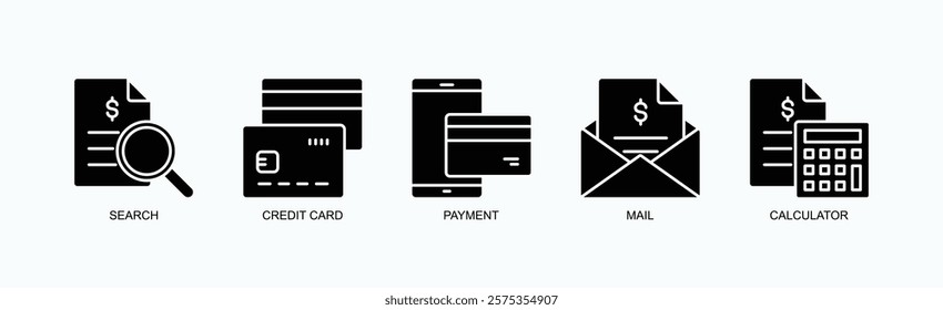 Everyday Essentials Icon Set Isolated Vector With Icon Of Search, Credit Card, Payment, Mail, Calculator In Glyph Style