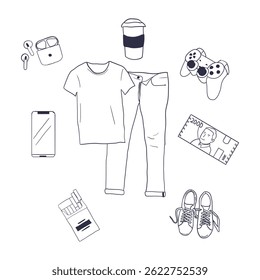 Everyday essentials: A simple outfit, a cup of coffee, gadgets, and a touch of fun and comfort. Just the basics for a chill day