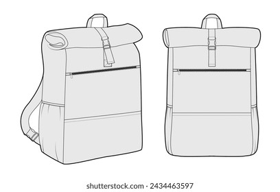 Erweiterbare Rucksack-Silhouetten-Tasche für den Alltag. Fashion Accessoire Technische Illustration. Vector Schultasche vorne 3-4 Ansicht für Männer, Frauen, Unisex-Stil, flache Handtasche CAD Mockup Skizze isoliert