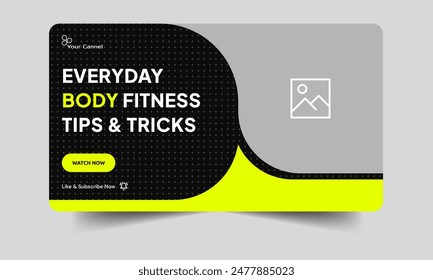 Everyday fitness training tips and tricks video cover banner design, daily workout plan techniques video thumbnail banner design, fully editable vector eps 10 file format