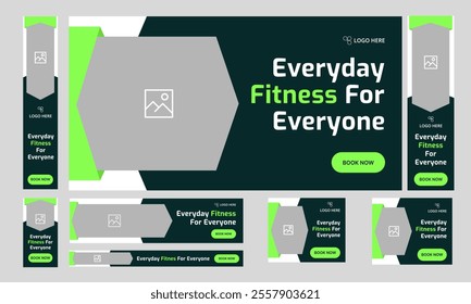 Everyday fitness web set banner design, daily workout plan web bundle banner design, fully customizable vector eps 10 file format