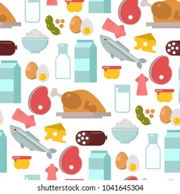 Everyday food common goods organic products seamless pattern background shopping in supermarket vector illustration.